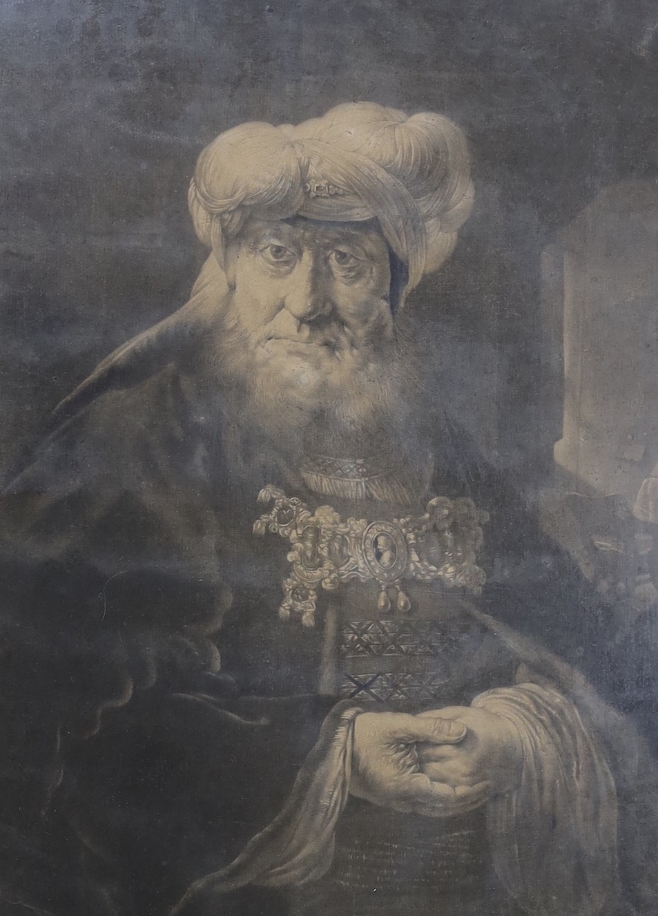 William Pether after Rembrandt, mezzotint, 'A Jew Rabbi', overall 53 x 39cm, another mezzotint after Rembrandt by McArdell and a pair of engravings of woodlanders
